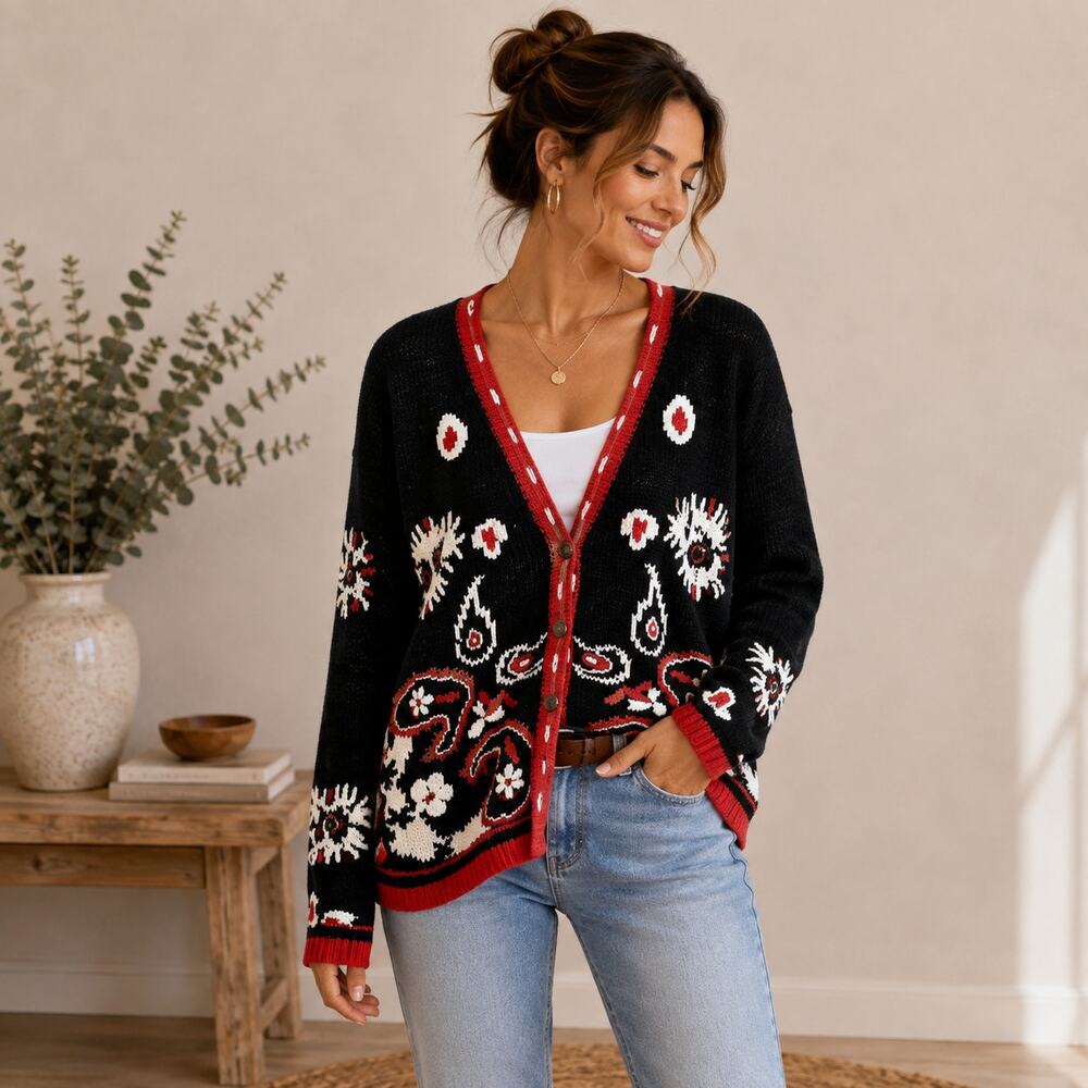 Ivy Sweater Cardigan Womens Size M Vintage Embroidered Oversized Statement Piece